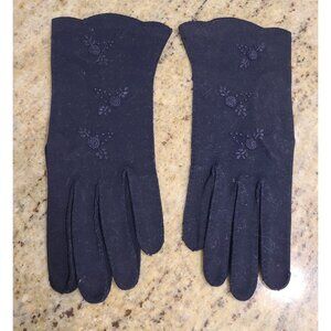 Vintage Size S 6.5 Blue Stretch Fabric Formal 9" Gloves Embroidered Flowers